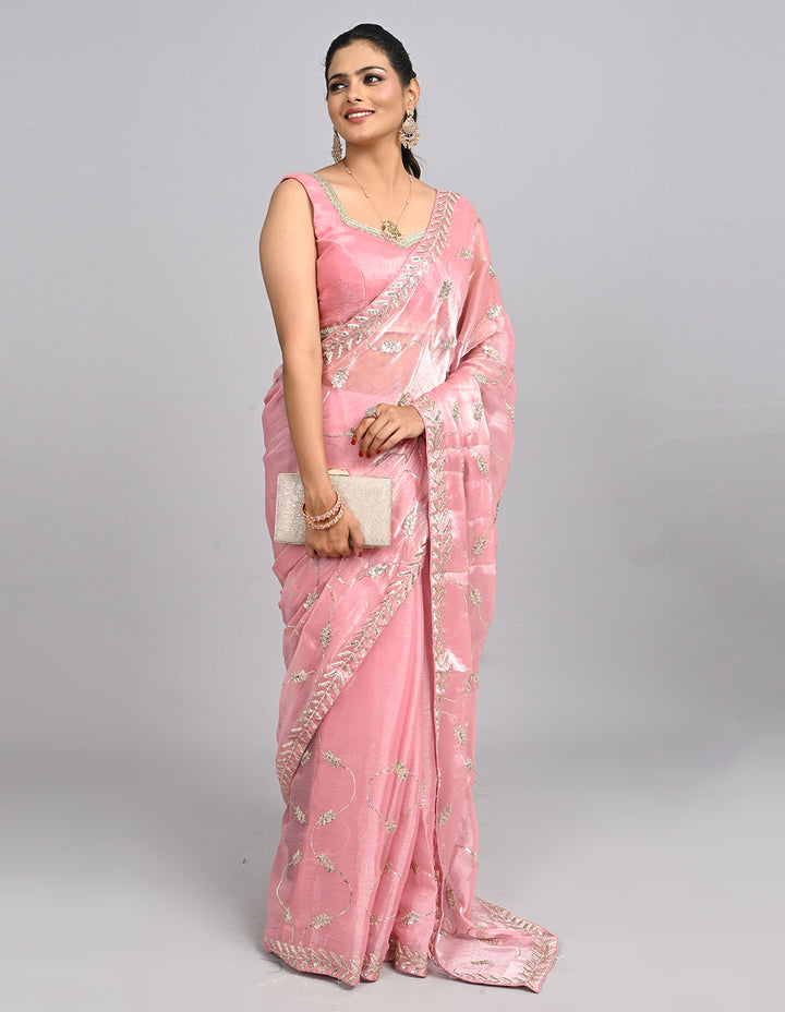 Samaira – Pink Tissue Saree with Sequin Embroidery & Self-Coloured Blouse | Fazals