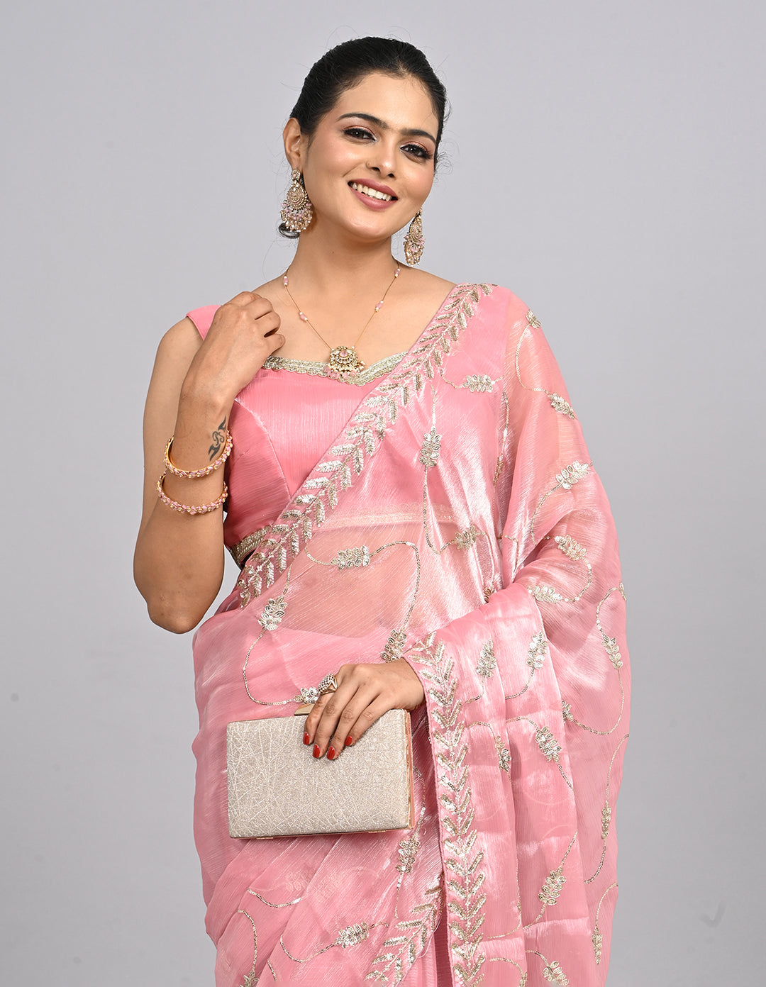 Samaira – Pink Tissue Saree with Sequin Embroidery & Self-Coloured Blouse | Fazals