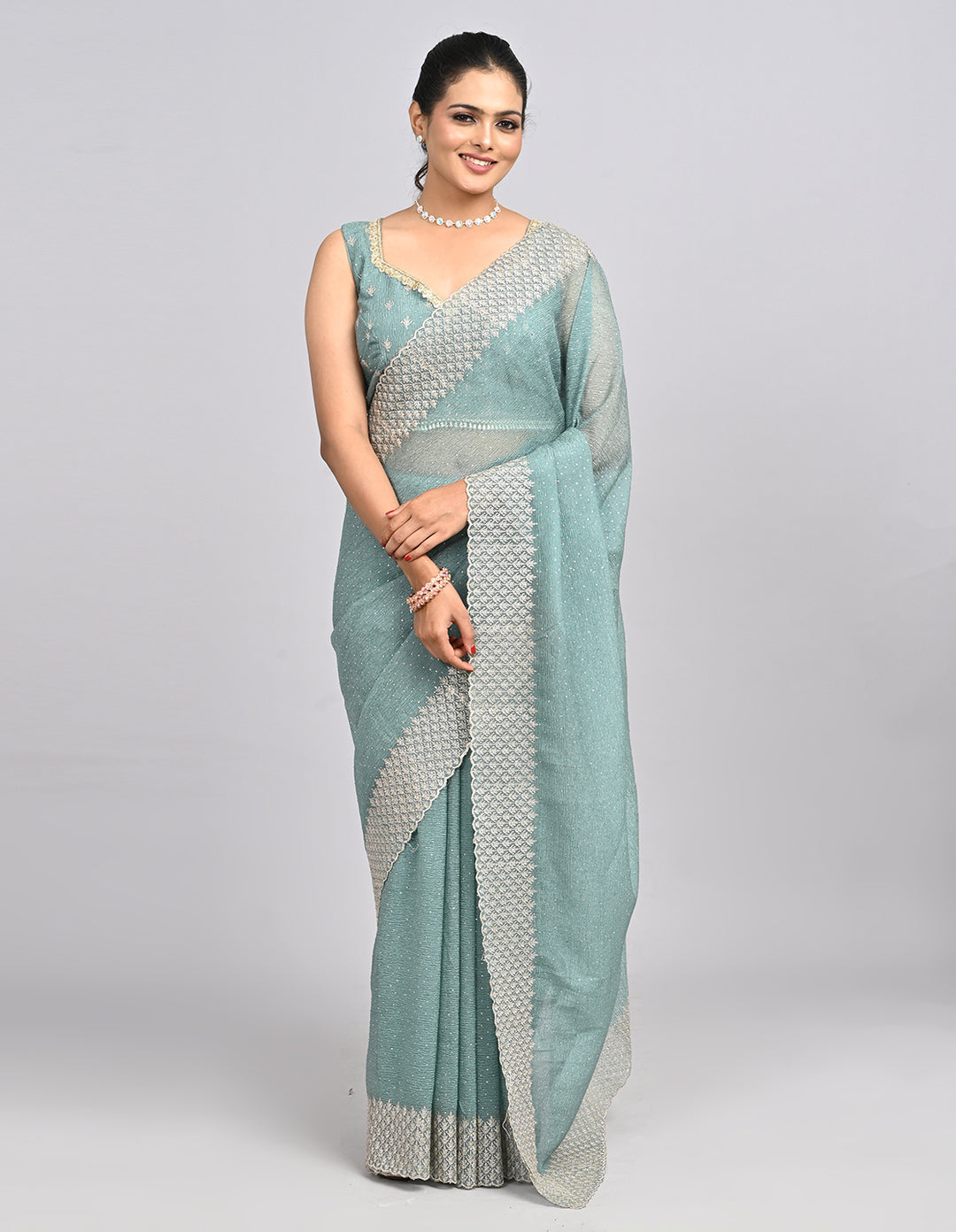 Aarini – Light Green Crush Silk Saree with Zari Embroidery & Self-Coloured Blouse | Fazals