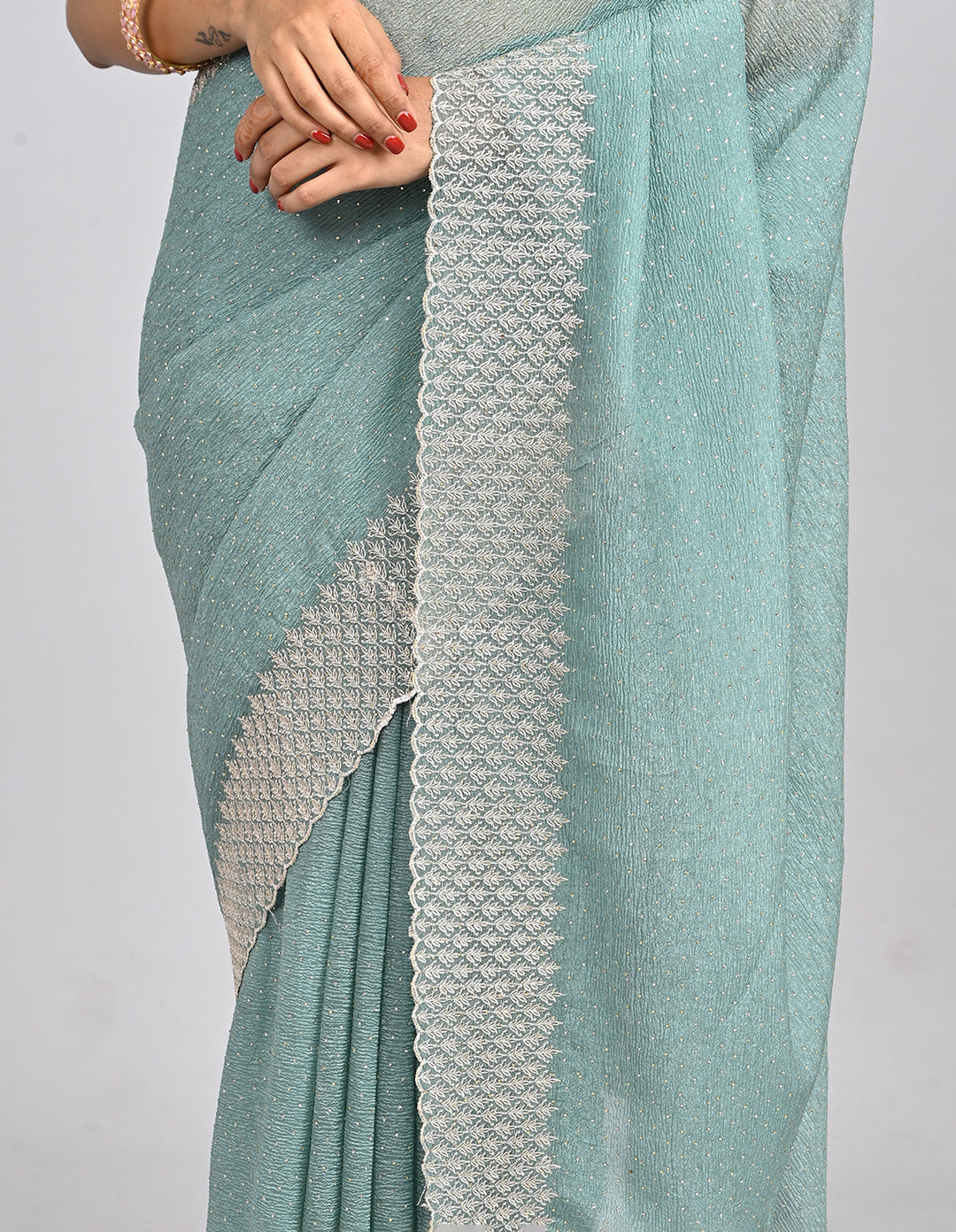 Aarini – Light Green Crush Silk Saree with Zari Embroidery & Self-Coloured Blouse | Fazals