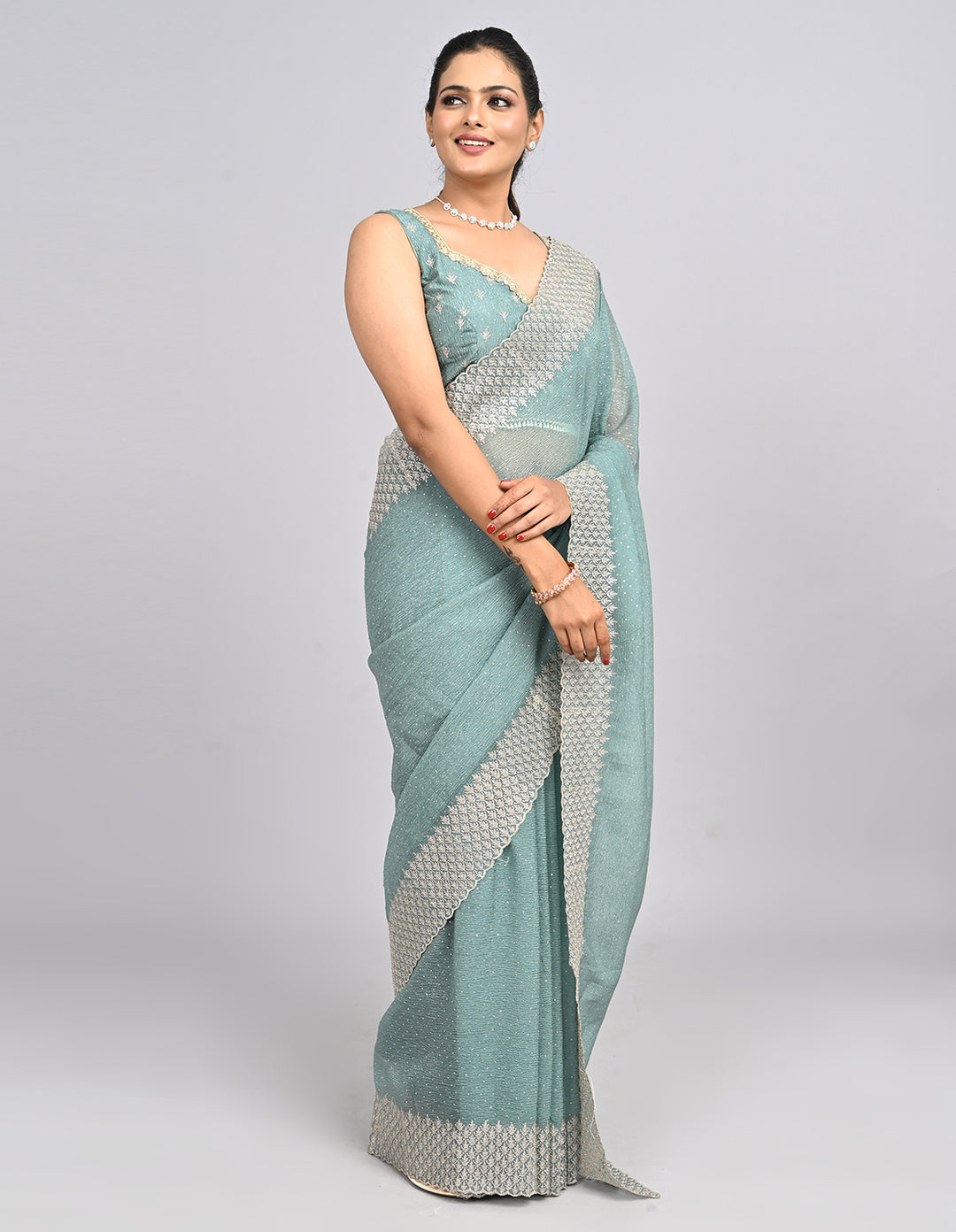 Aarini – Light Green Crush Silk Saree with Zari Embroidery & Self-Coloured Blouse | Fazals