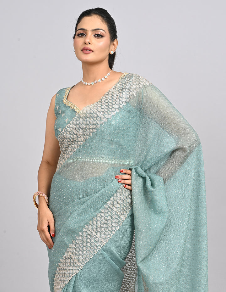 Aarini – Light Green Crush Silk Saree with Zari Embroidery & Self-Coloured Blouse | Fazals