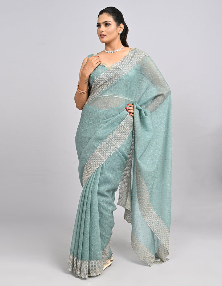 Aarini – Light Green Crush Silk Saree with Zari Embroidery & Self-Coloured Blouse | Fazals