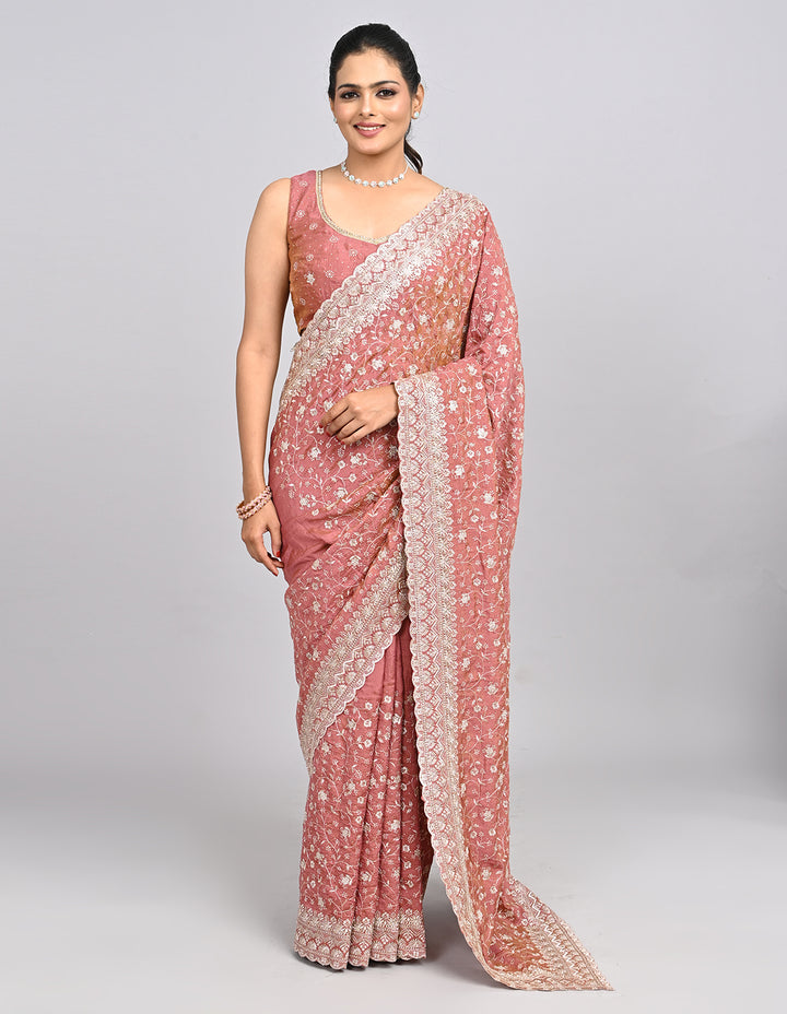 Ishya – Pink Silk Saree with Zari Embroidery & Self-Colour Blouse | Fazals