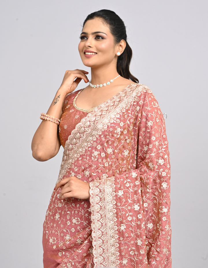Ishya – Pink Silk Saree with Zari Embroidery & Self-Colour Blouse | Fazals