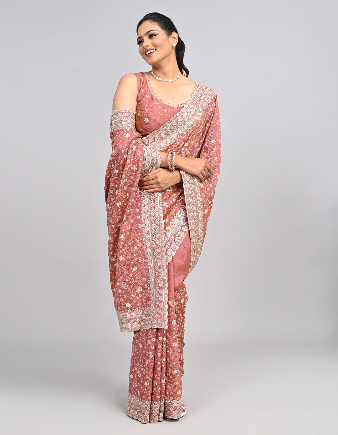Ishya – Pink Silk Saree with Zari Embroidery & Self-Colour Blouse | Fazals