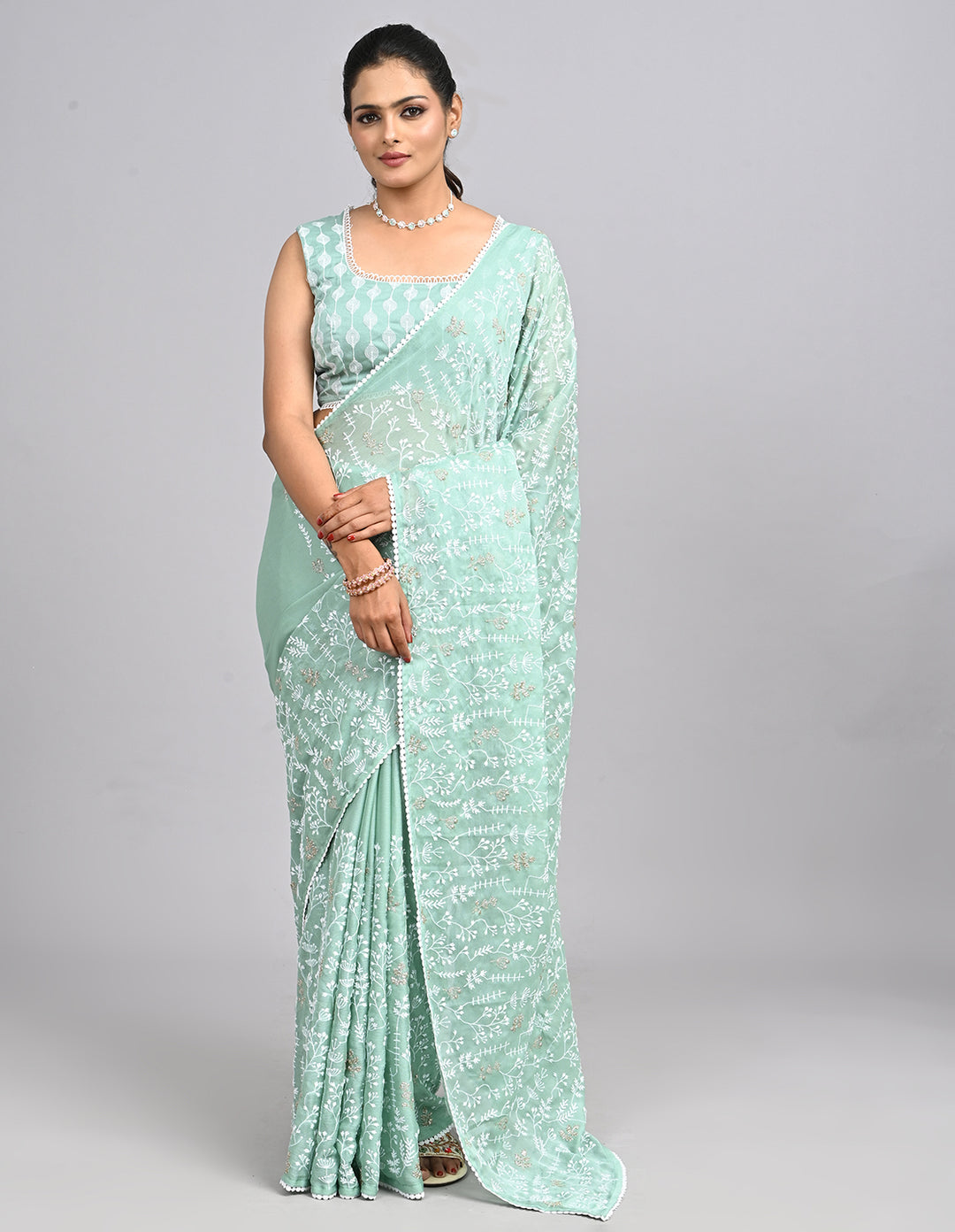Aira – Mint Green Georgette Saree with Embroidered Thread Work Blouse | Fazals