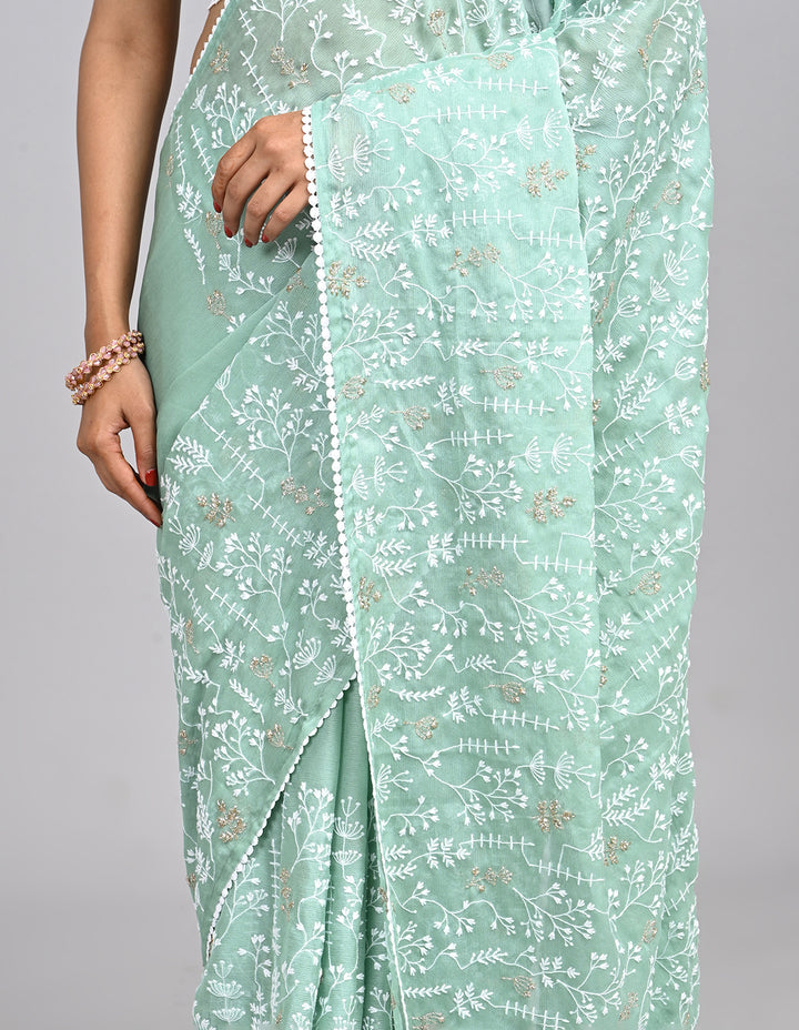 Aira – Mint Green Georgette Saree with Embroidered Thread Work Blouse | Fazals