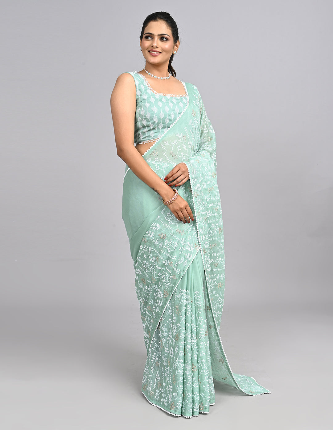 Aira – Mint Green Georgette Saree with Embroidered Thread Work Blouse | Fazals