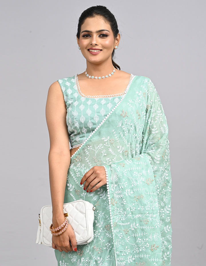 Aira – Mint Green Georgette Saree with Embroidered Thread Work Blouse | Fazals