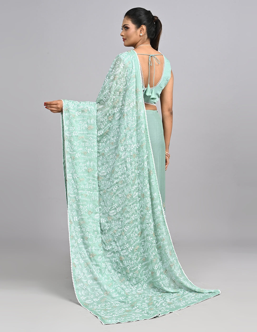Aira – Mint Green Georgette Saree with Embroidered Thread Work Blouse | Fazals