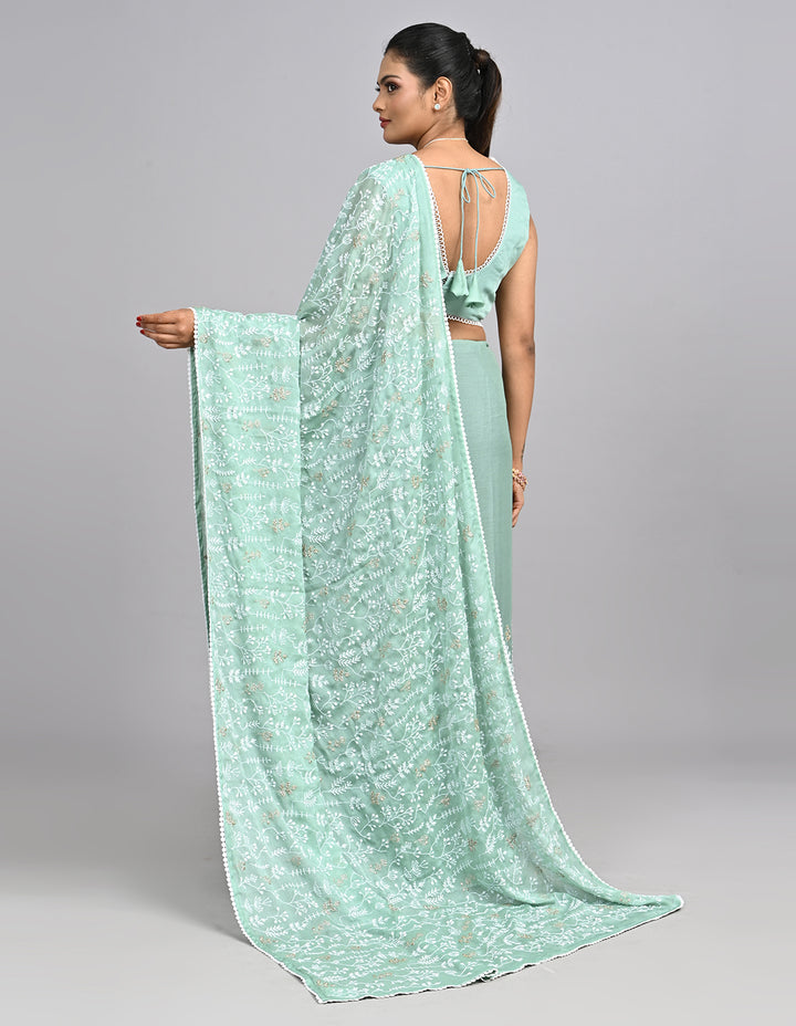 Aira – Mint Green Georgette Saree with Embroidered Thread Work Blouse | Fazals