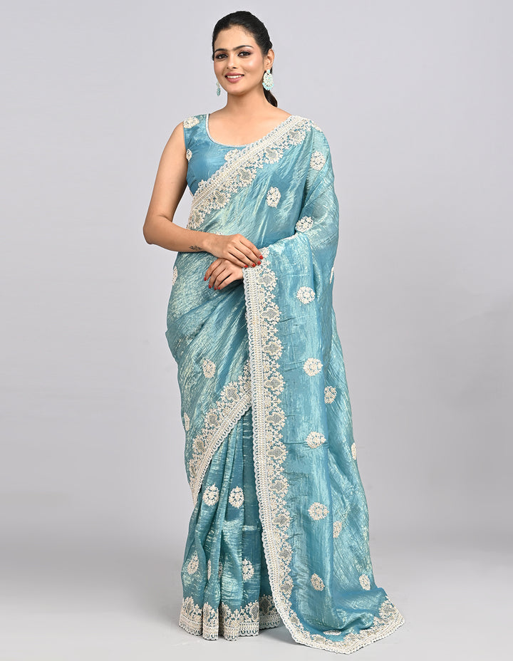 Neysa – Light Blue Organza Saree with Thread Embroidery & Self-Coloured Blouse | Fazals