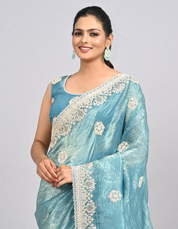 Neysa – Light Blue Organza Saree with Thread Embroidery & Self-Coloured Blouse | Fazals