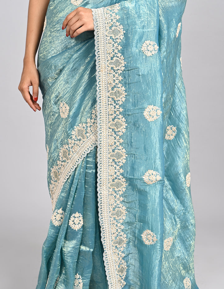 Neysa – Light Blue Organza Saree with Thread Embroidery & Self-Coloured Blouse | Fazals