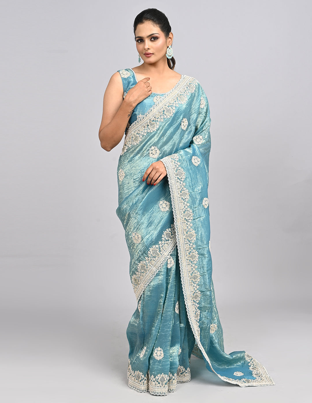 Neysa – Light Blue Organza Saree with Thread Embroidery & Self-Coloured Blouse | Fazals