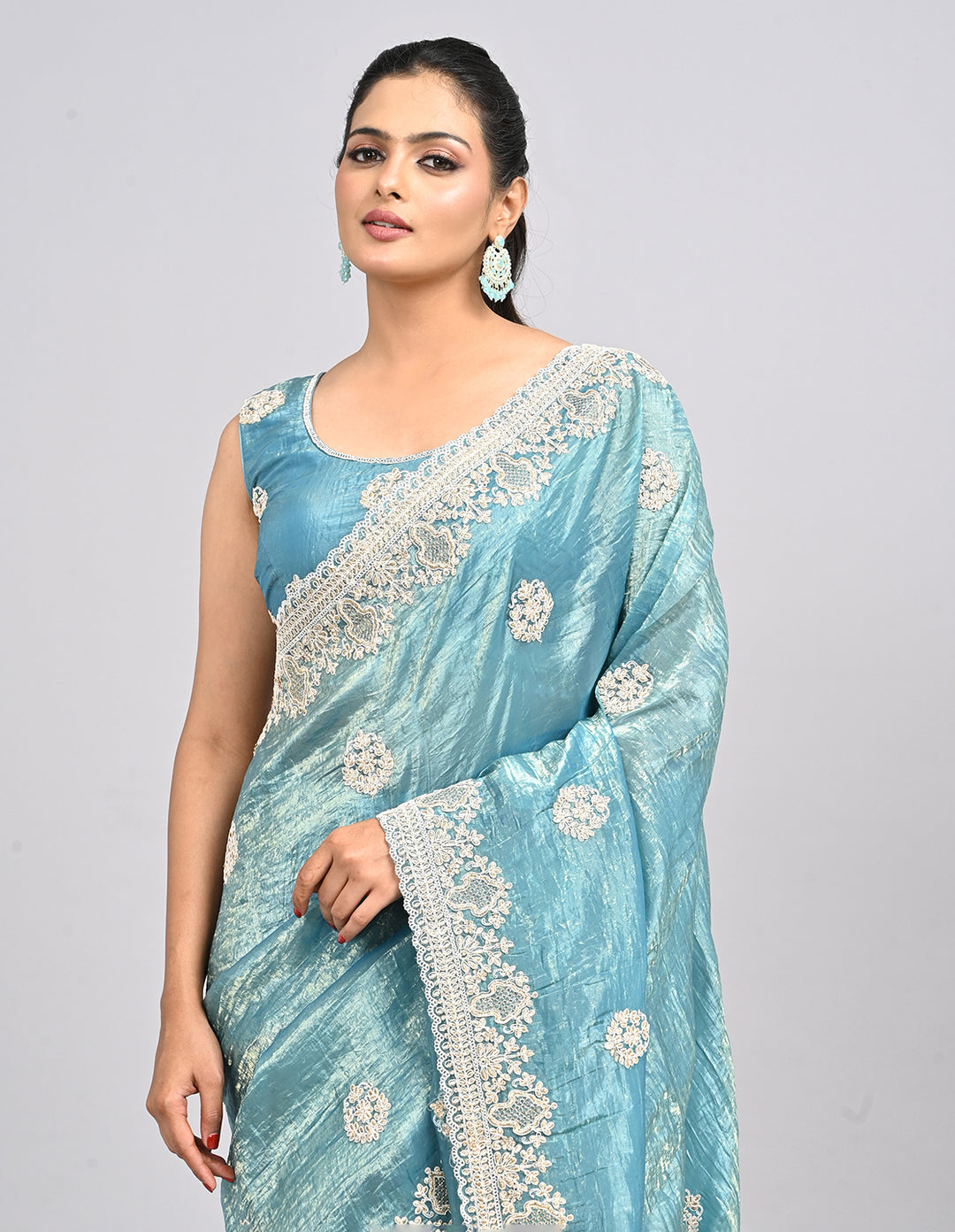Neysa – Light Blue Organza Saree with Thread Embroidery & Self-Coloured Blouse | Fazals