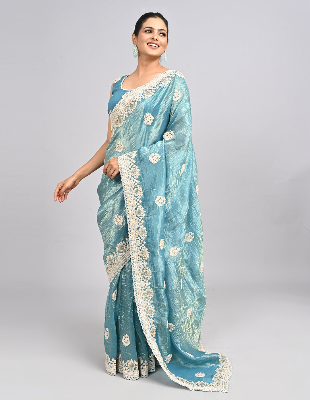 Neysa – Light Blue Organza Saree with Thread Embroidery & Self-Coloured Blouse | Fazals