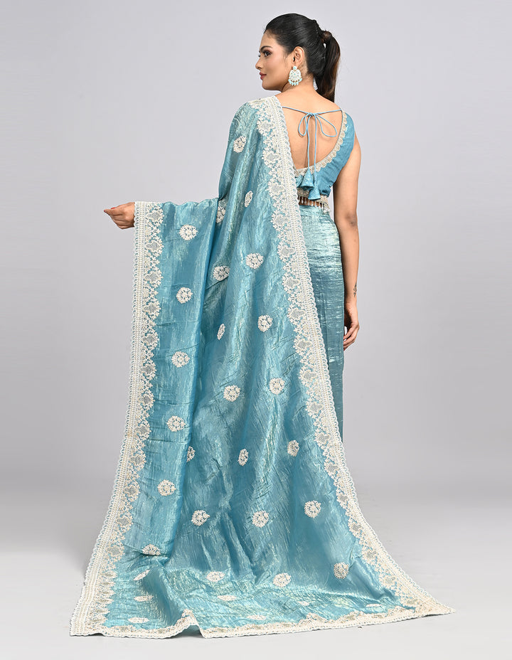 Neysa – Light Blue Organza Saree with Thread Embroidery & Self-Coloured Blouse | Fazals
