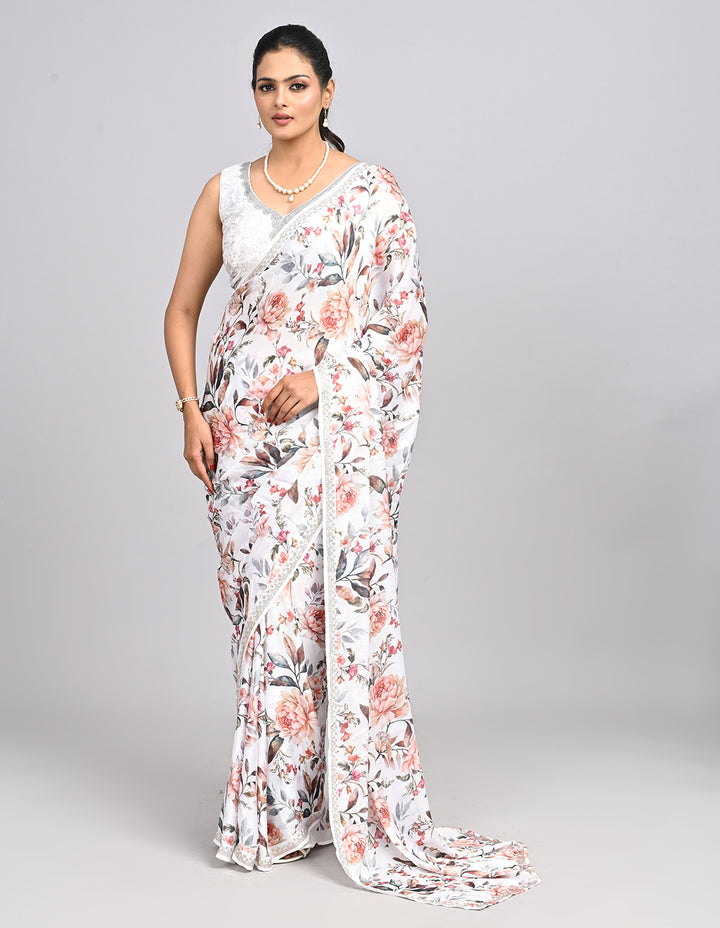 Aaravi – White Floral Satin Saree with printed Blouse | Fazals