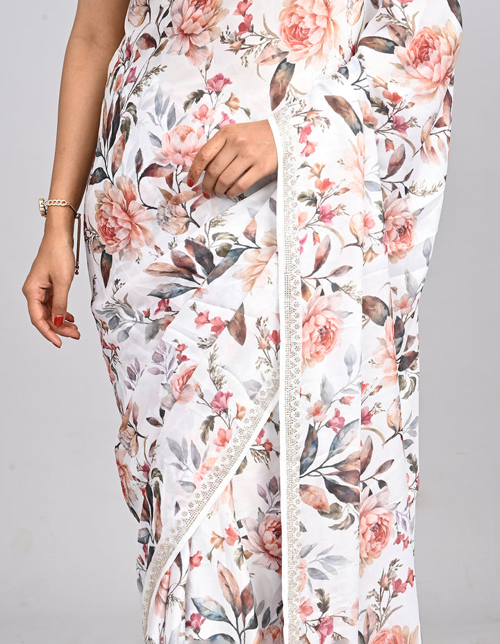 Aaravi – White Floral Satin Saree with printed Blouse | Fazals