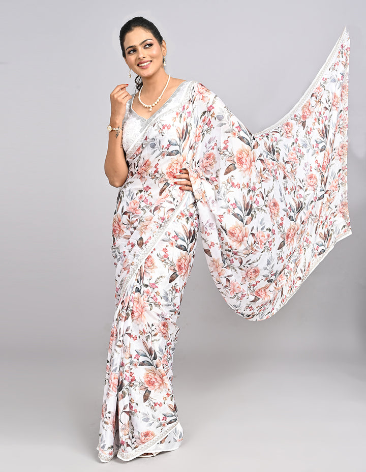 Aaravi – White Floral Satin Saree with printed Blouse | Fazals
