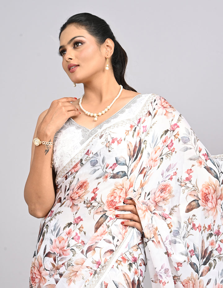 Aaravi – White Floral Satin Saree with printed Blouse | Fazals