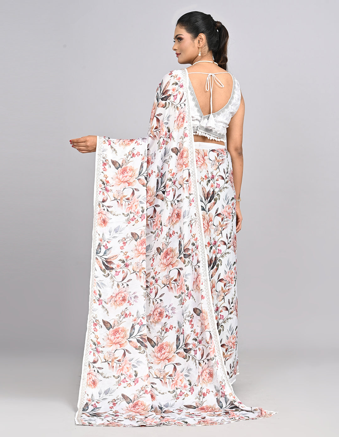 Aaravi – White Floral Satin Saree with printed Blouse | Fazals