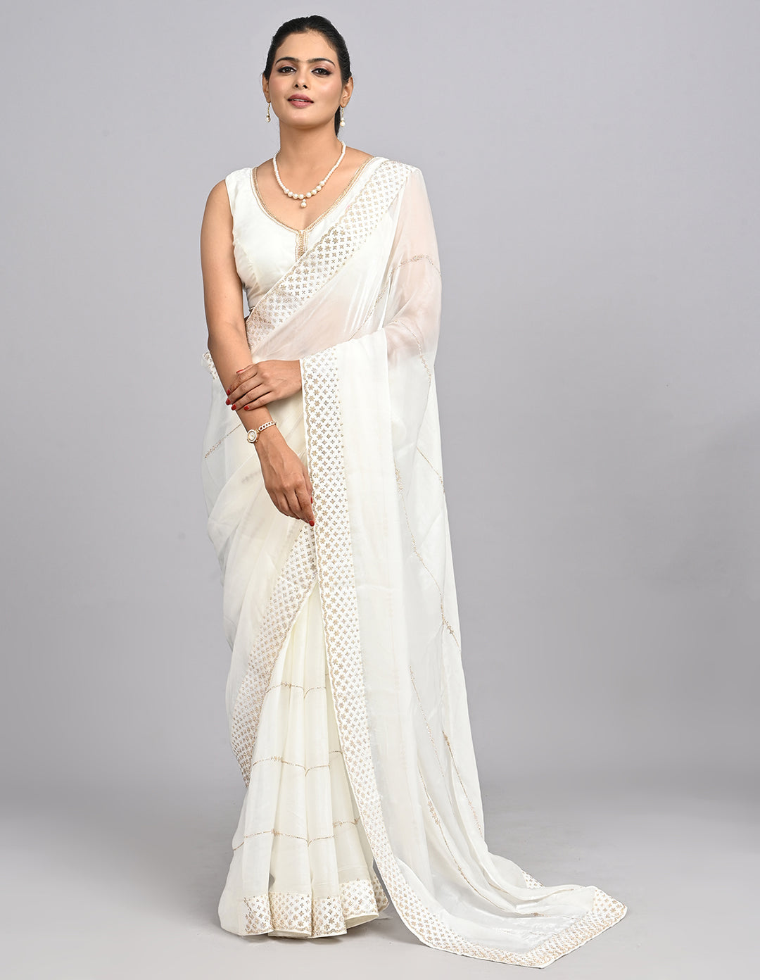 Nooraya – White Organza Saree with Stonework & Self-Coloured Blouse | Fazals