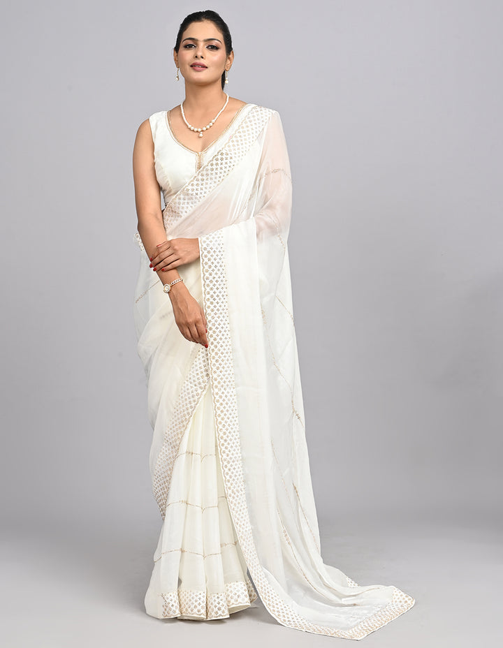 Nooraya – White Organza Saree with Stonework & Self-Coloured Blouse | Fazals