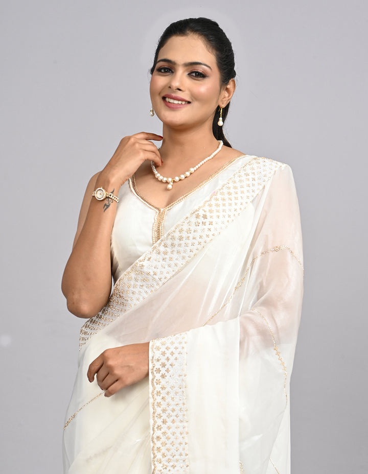 Nooraya – White Organza Saree with Stonework & Self-Coloured Blouse | Fazals