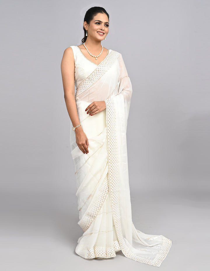 Nooraya – White Organza Saree with Stonework & Self-Coloured Blouse | Fazals