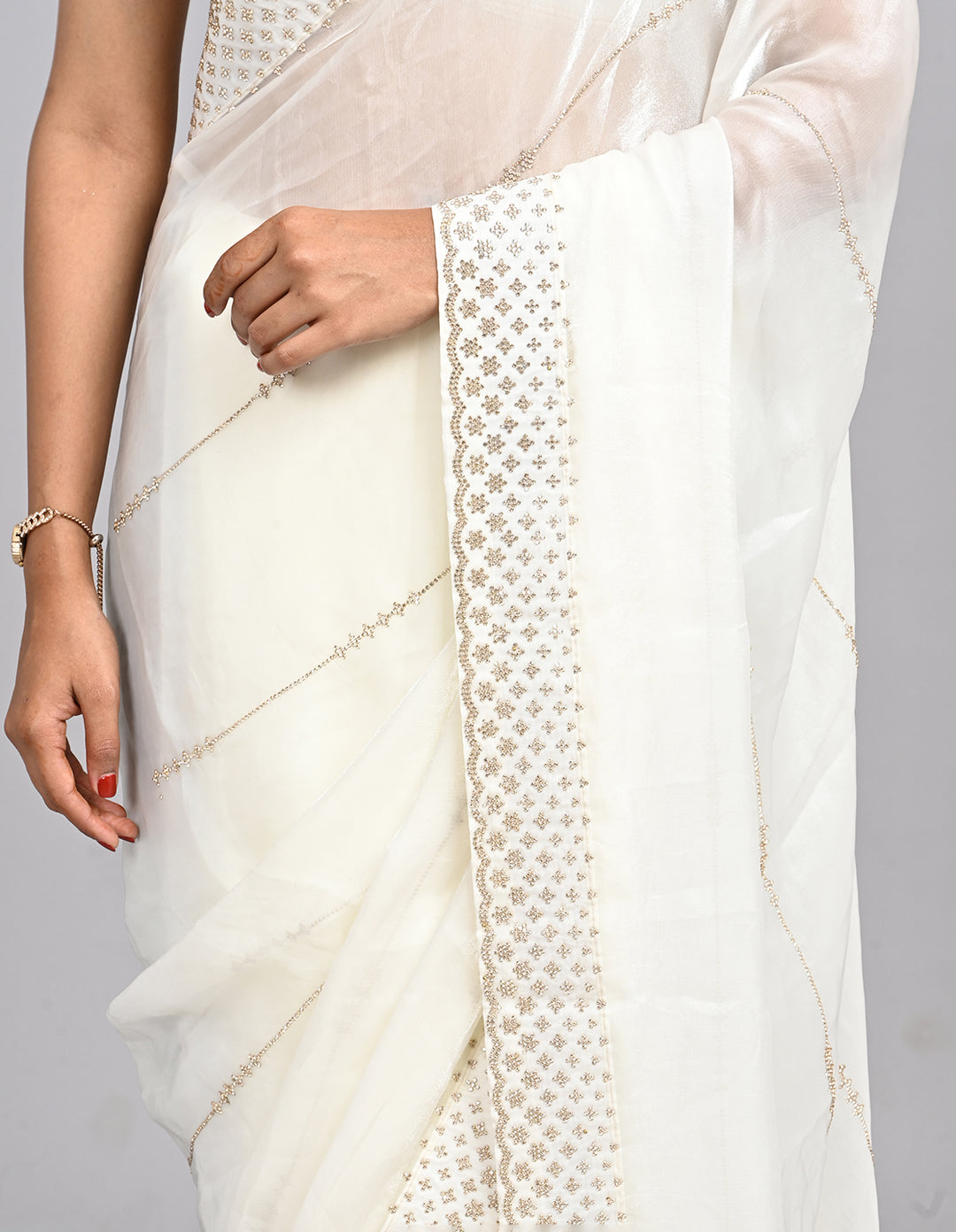 Nooraya – White Organza Saree with Stonework & Self-Coloured Blouse | Fazals