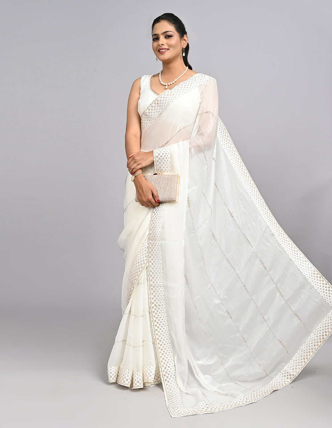 Nooraya – White Organza Saree with Stonework & Self-Coloured Blouse | Fazals