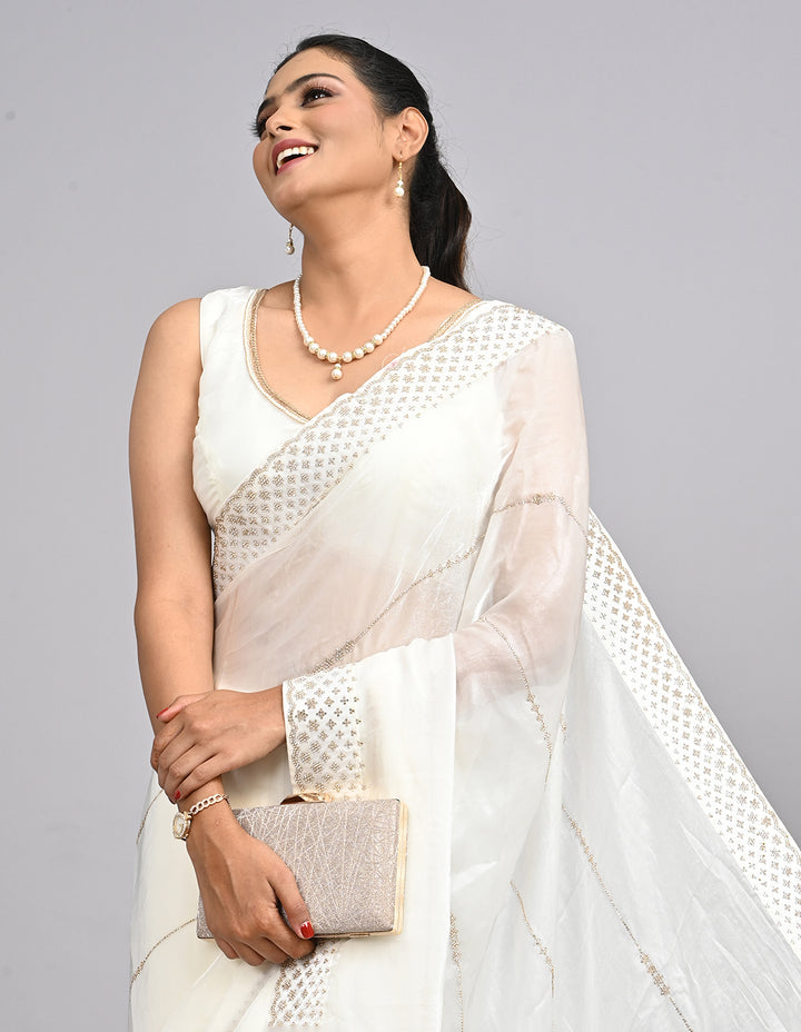 Nooraya – White Organza Saree with Stonework & Self-Coloured Blouse | Fazals