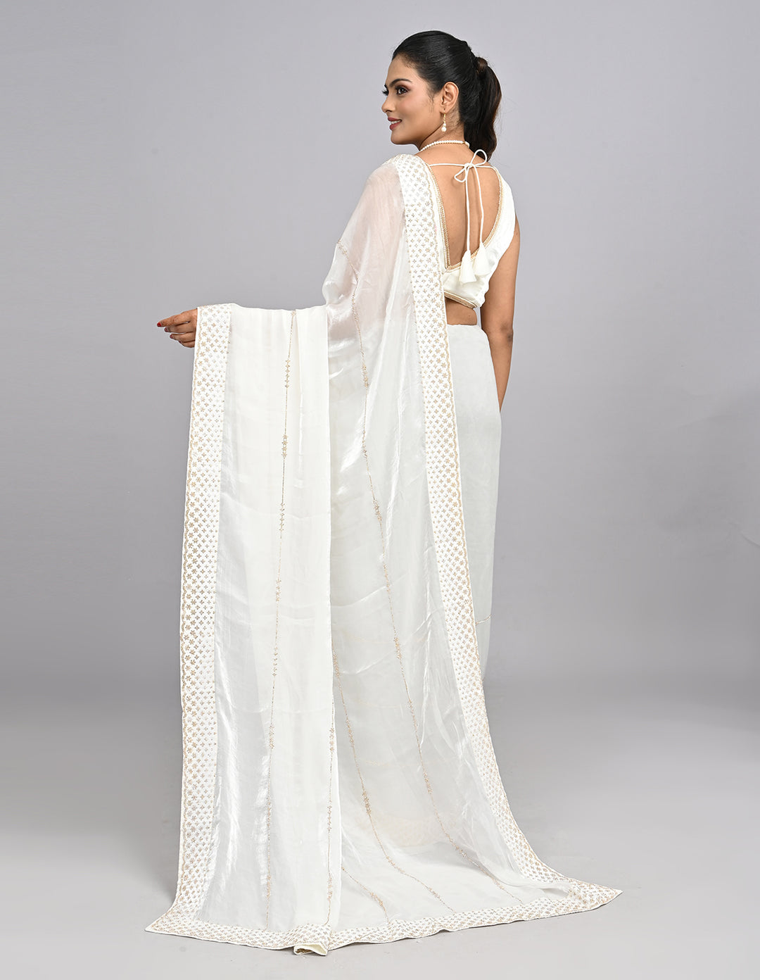 Nooraya – White Organza Saree with Stonework & Self-Coloured Blouse | Fazals