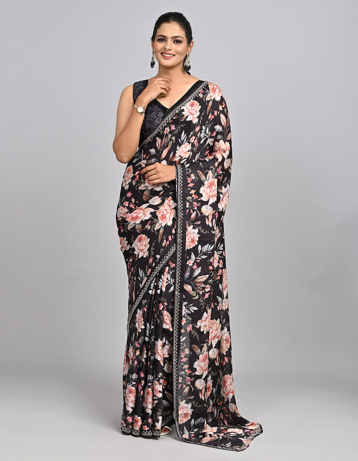 Noor – Black Floral Satin Saree with printed Blouse | Fazals