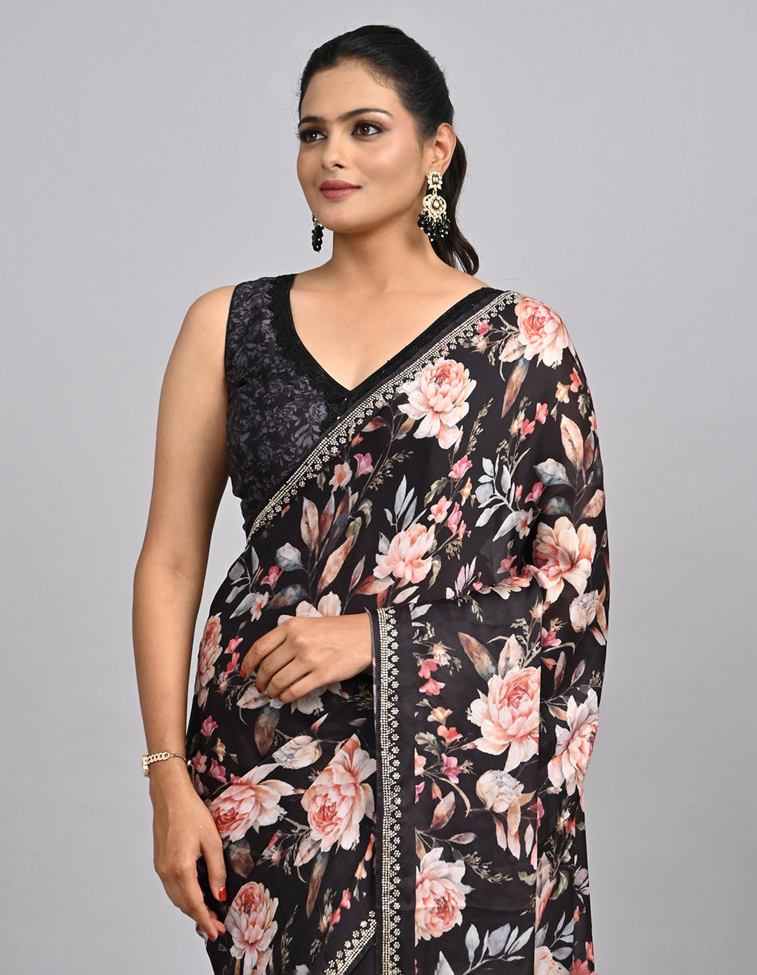 Noor – Black Floral Satin Saree with printed Blouse | Fazals