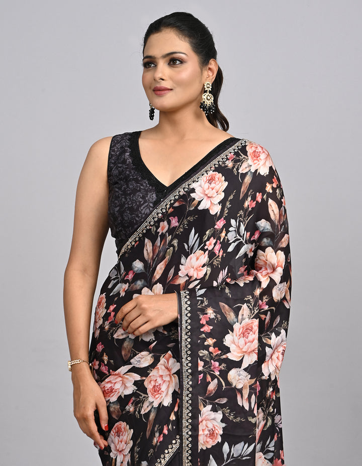 Noor – Black Floral Satin Saree with printed Blouse | Fazals