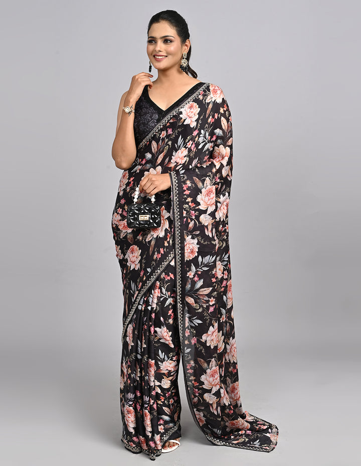 Noor – Black Floral Satin Saree with printed Blouse | Fazals