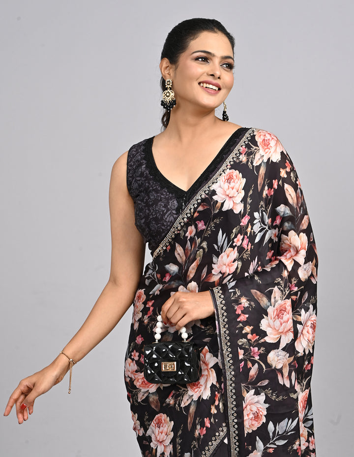 Noor – Black Floral Satin Saree with printed Blouse | Fazals