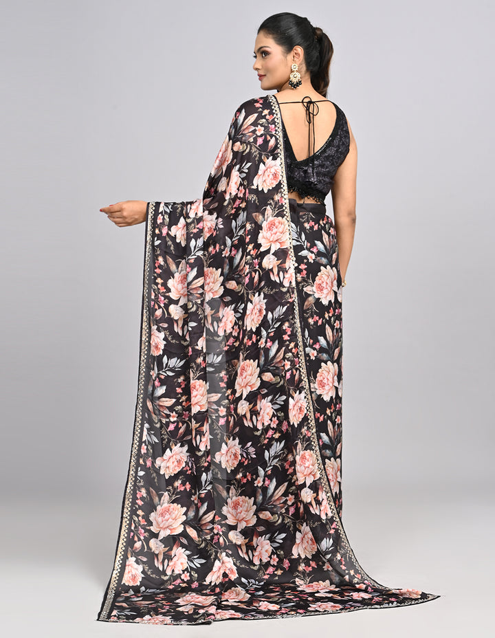 Noor – Black Floral Satin Saree with printed Blouse | Fazals