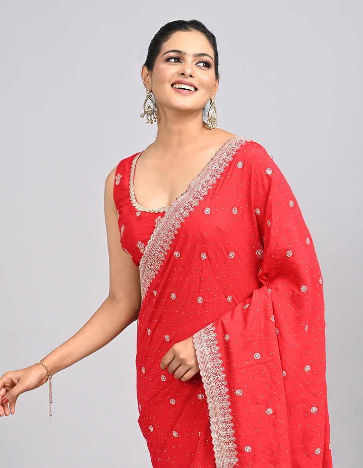Riyana – Red Silk Saree with Zari Embroidery & Self-Coloured Blouse | Fazals