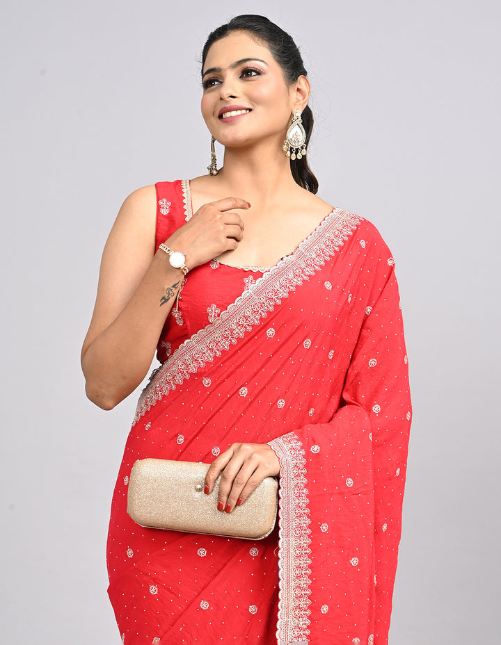 Riyana – Red Silk Saree with Zari Embroidery & Self-Coloured Blouse | Fazals