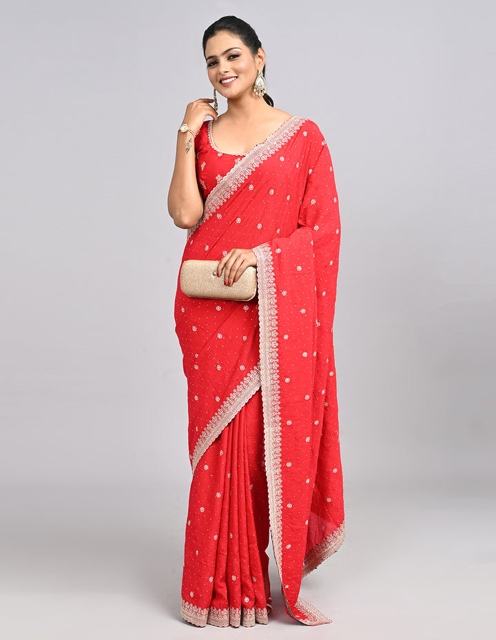 Riyana – Red Silk Saree with Zari Embroidery & Self-Coloured Blouse | Fazals