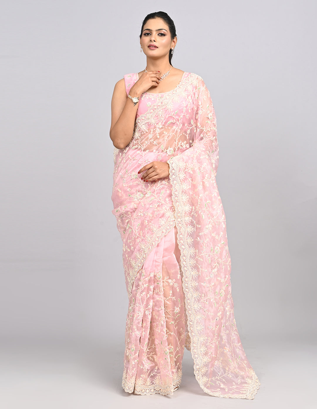Ayla – Blush Pink Organza Saree with Thread & Stone Embroidery | Fazals