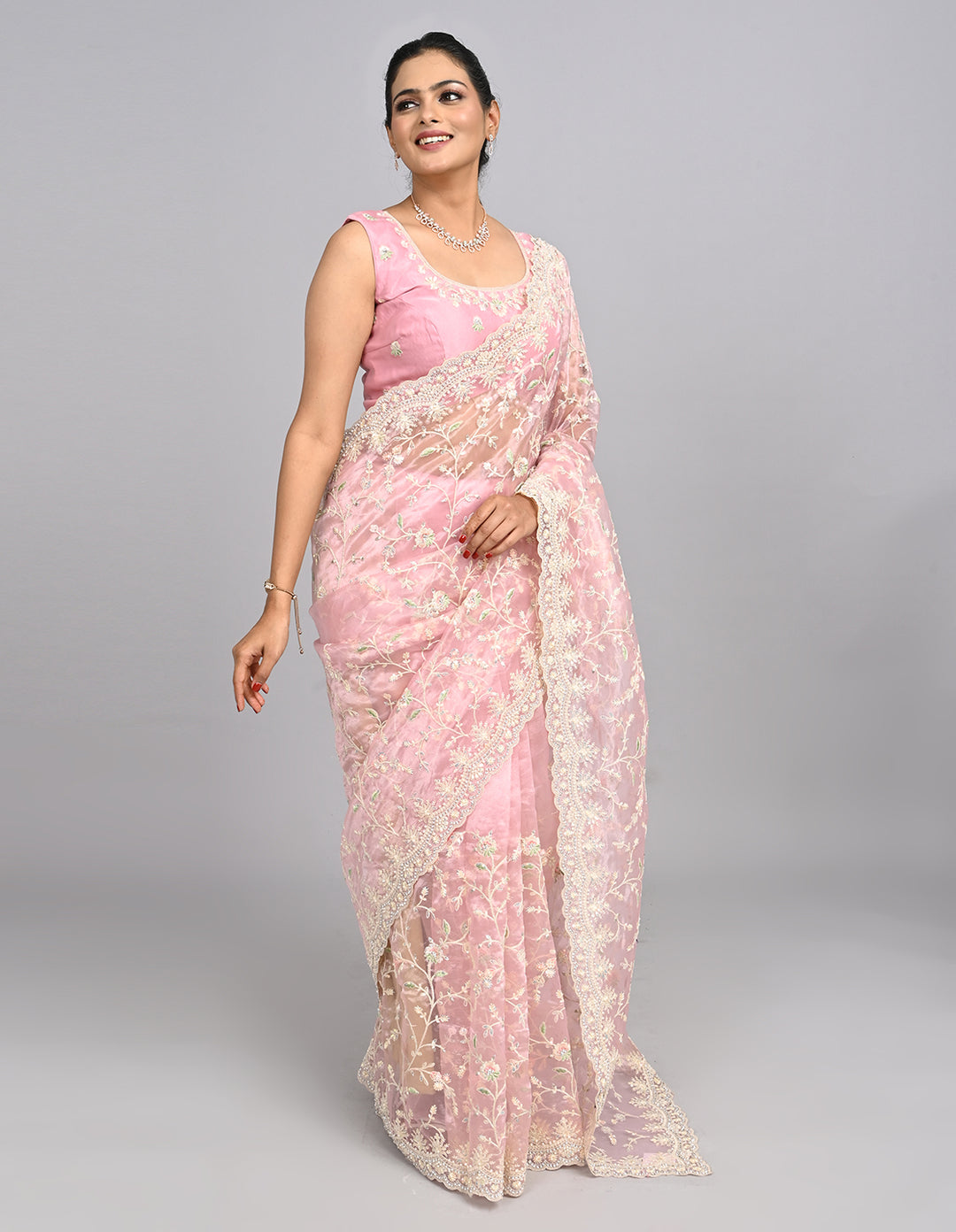 Ayla – Blush Pink Organza Saree with Thread & Stone Embroidery | Fazals