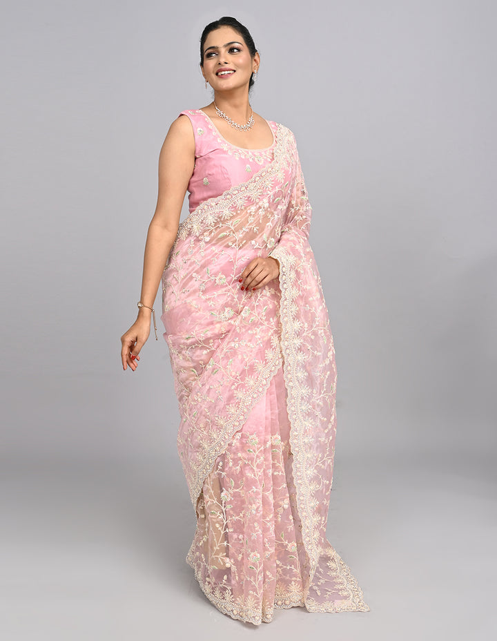 Ayla – Blush Pink Organza Saree with Thread & Stone Embroidery | Fazals