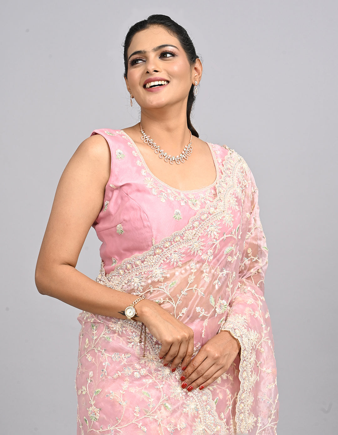 Ayla – Blush Pink Organza Saree with Thread & Stone Embroidery | Fazals