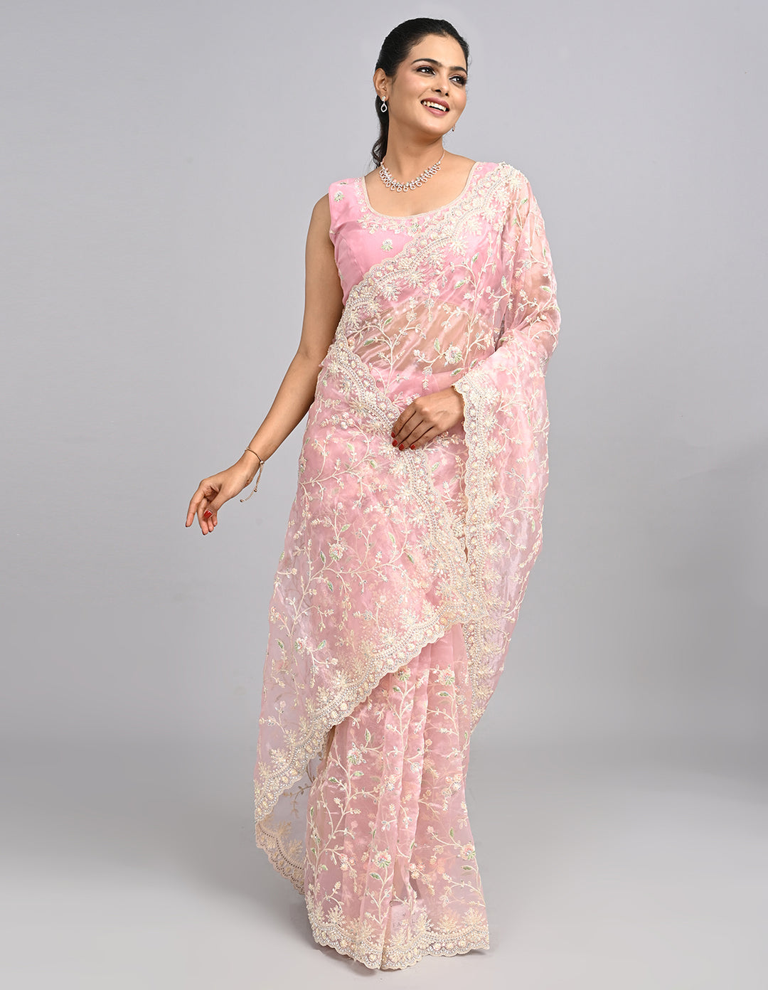 Ayla – Blush Pink Organza Saree with Thread & Stone Embroidery | Fazals